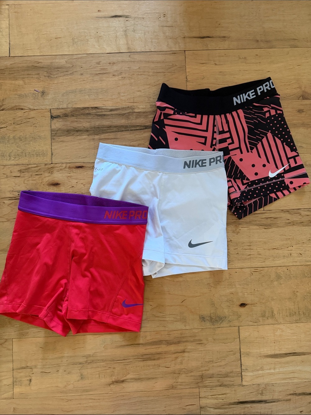 Nike Pro Girls' 3-Pack Athletic Shorts - Red, White & Pink/Black